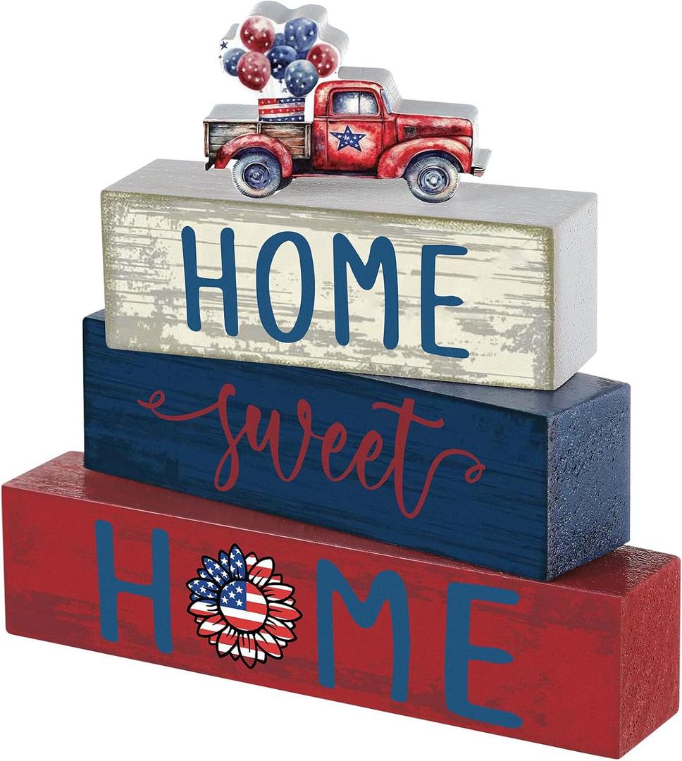 Cinnvoice 4 Pcs Patriotic 4th of July Wooden Block Decor 250th Anniversary Red Blue and White Tiered Tray Signs Home Sweet Home Tabletop Centerpiece for Kitchen Shelf Decoration Housewarming Gifts