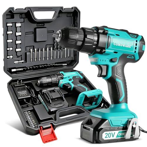 COMOWARE 20V Cordless Drill, Electric Power Drill Set with 1 Battery & Charger, 3/8” Keyless Chuck, 2 Variable Speed, 266 In-lb Torque, 25+1 Position and 34pcs Drill/Driver Bits Missing Pieces, Toolbox Doesn't Close