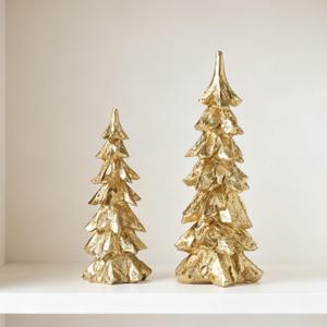 2Pcs Gold Christmas Tree Figurines, Resin Christmas Trees with Weathered Finish, Small Decorative Tabletop Trees for Mantel, Modern Holiday Home Decor for Living Room, Office, Festive Centerpiece