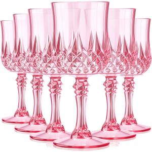 6 Pcs Vintage Goblet Plastic, Clear Wine Glasses Charming Vintage Decorative Plastic Cups Set, Mixed Drink Glasses, for Bars, Wedding, restaurants, Baby Shower and Elegant Dinners (Pink)
