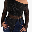 RoseSeek Women's Plus Size Sheer Mesh Off Shoulder Tops Long Sleeve Drawstring Asymmetrical Hem Ruched T Shirt, 5XL