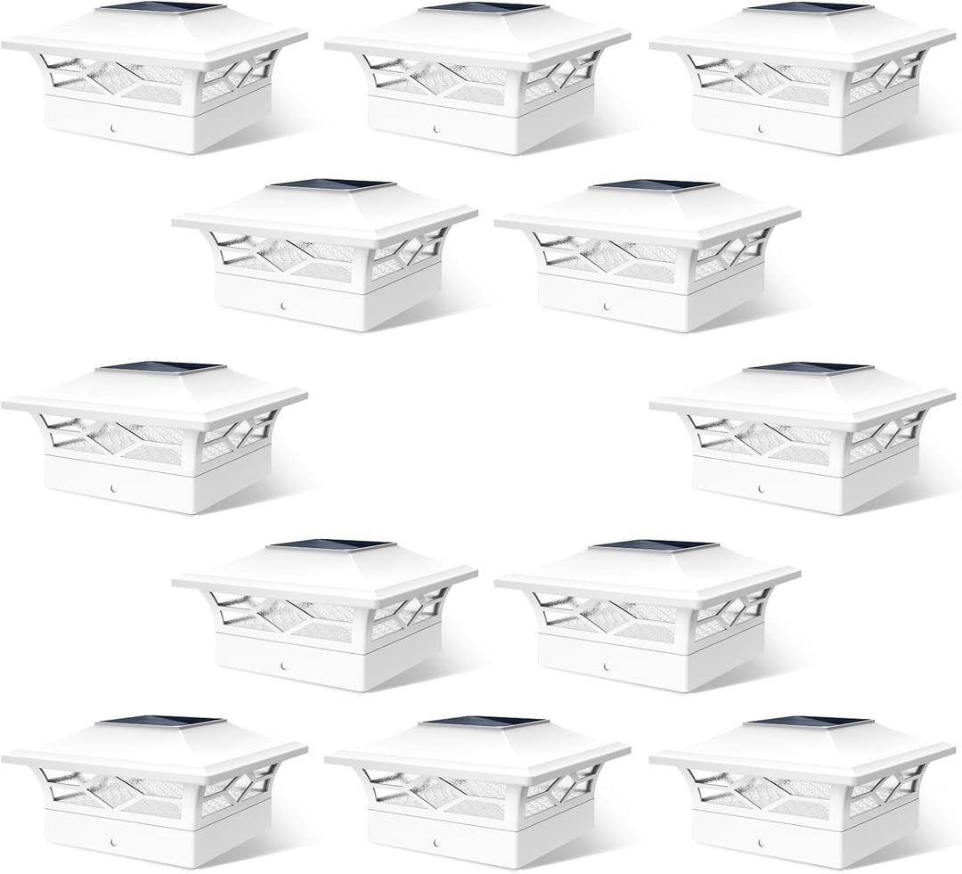 Solar Fence Post Lights, Cap Lights for 4x4/5x5 Vinyl Fence and 4x4/6x6 Wooden Post, Warm White/Cool White Lighting, White Solar Cap Outdoor Waterproof Decorate Garden Pathway Dcek Patio (12pack)