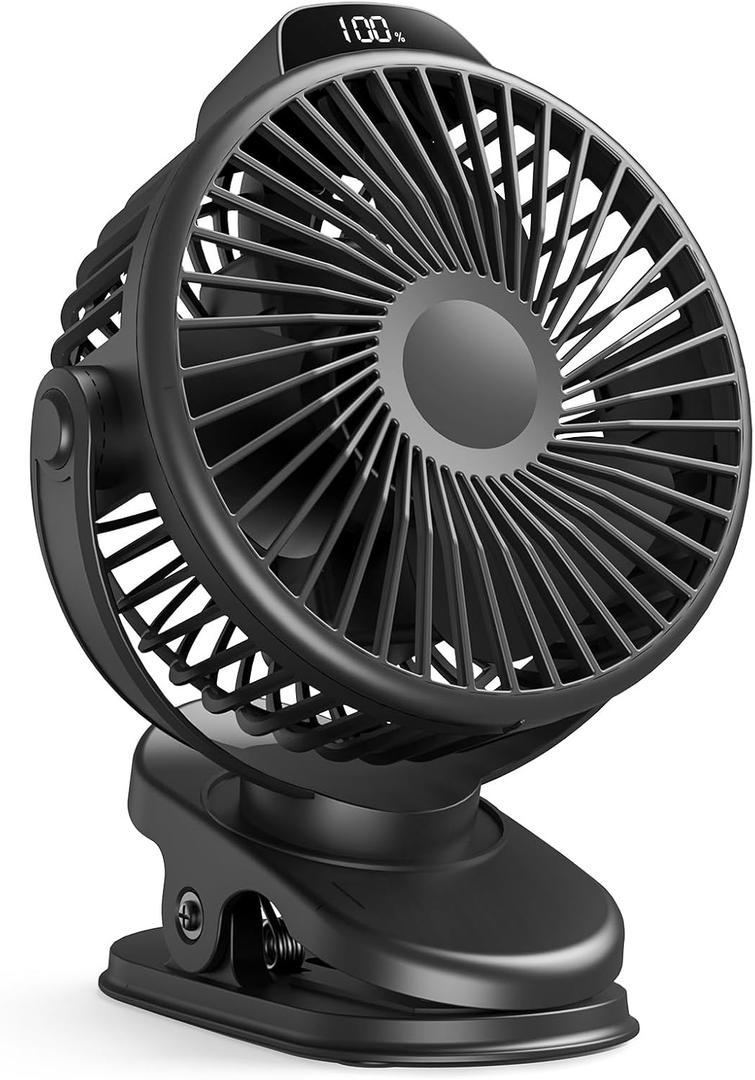 Koonie Portable Clip On Fan, Small USB Fan Battery Operated, 3 Speed Rechargeable Mini Fan With LED Display, 360 Rotate Personal Cooling Desk Fan for Stroller Travel Camping Golf Gym (black)