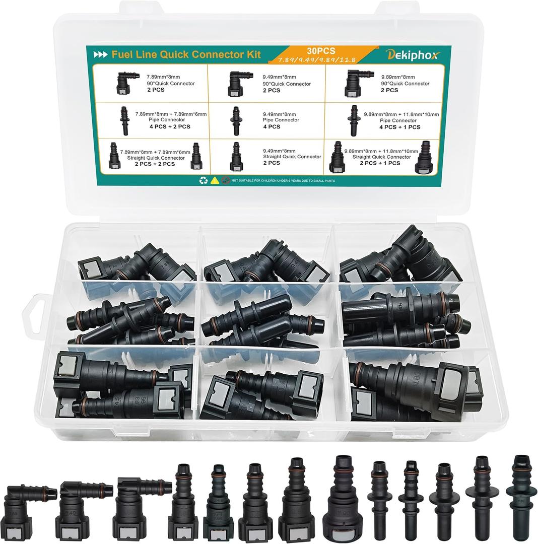 Fuel Line Quick Connect Fittings, 30pcs Fuel Line Repair Kit, 13 Size | Hose Release Connector Straight Elbow SAE 7.89mm 9.49mm 9.89mm 11.8mm