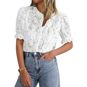 PRETTYGARDEN Womens 2025 Spring Lace Tops Short Puff Sleeve Casual Dressy Blouses Eyelet Crew Neck Button Down Shirts (Small, White)