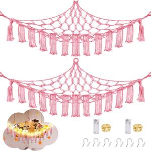 Stuffed Animal Hammock with LED Light, 2 Pack Toy Hammock for Stuffed Animals Storage for Kids, Stuffed Animal Hammock Corner, Pink