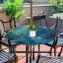 Turquoise Marble Round Fitted Tablecloth with Umbrella Hole and Zipper, 36"-44" Outdoor Elastic Table Cloth Oil-Proof Waterproof Patio Table Cover for Picnic Party Camping