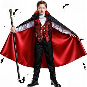Boys Vampire Costume Set, Halloween Party Vampire Cosplay Outfit with Cape, Shirt, Pants & Cane, kids dracula costume (M(6-9Y, 51"-59"))