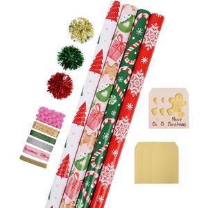 LaRibbons Christmas Wrapping Paper Sets, Snowflake & Candy Cane & Gingerbread Man Design with Ribbons & Gift Tags & Metallic Pom Pom for Christmas, Holiday，30Inch × 10Feet（ 4 Rolls: 100 Sq.Ft.Ttl）