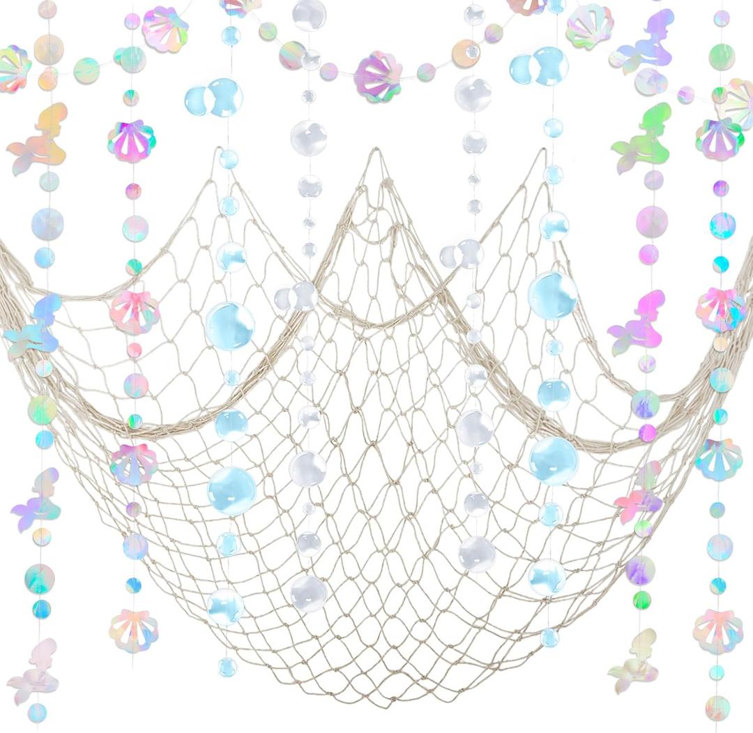 ZERODECO Mermaid Party Decorations - Iridescent Garland, Natural Fishnet and Bubble Garlands for Birthday, Pirate, Nautical, Under The Sea Theme