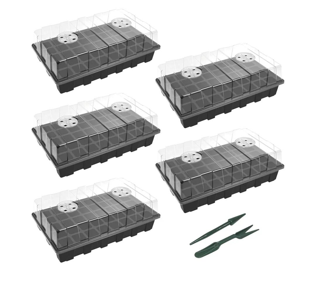 Gardzen 5-Set Seed Starter Tray Kits, Durable Plant Germination Trays with Humidity Vented Domes and Bases, Ideal for Seed Starting, Indoor Gardening, and Greenhouse (Total 200 Cells)