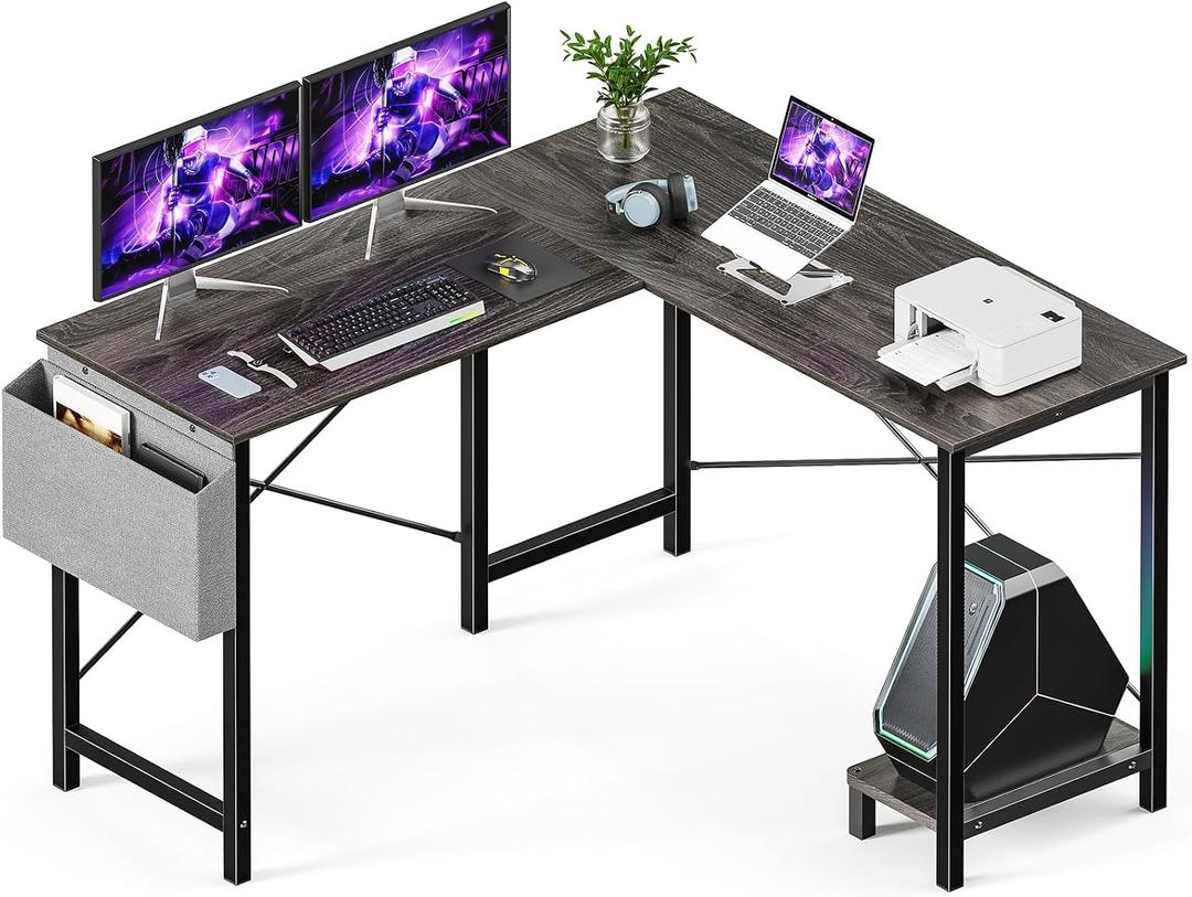 Sweetcrispy L Shaped Desk Computer Gaming Corner Table 51 Inch Home Office Writing Student Work PC Workstation with Side Storage Bag CPU Stand for Bedroom Small Spaces, 50 Inch