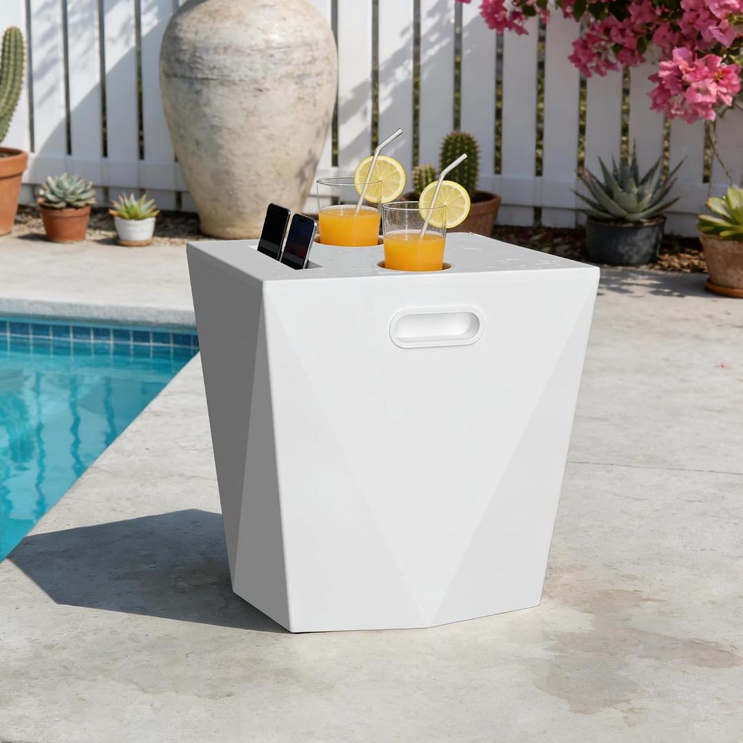 Modern Assemble-Free Outdoor Side Table, Pool Side Table for Inside Pool or on Patio, Lounger Table with 2 Cup Holders * 1 Tablet Holder, White, 17 inches x 17 inches x 17.5 inches