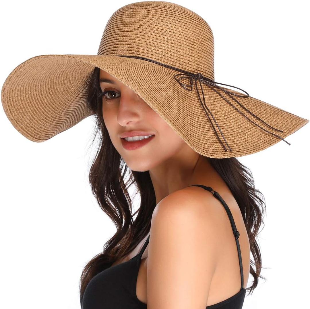 Lanzom Womens Wide Brim Straw Hat Big Floppy Foldable Roll up Cap Beach Sun Hat UPF 50+