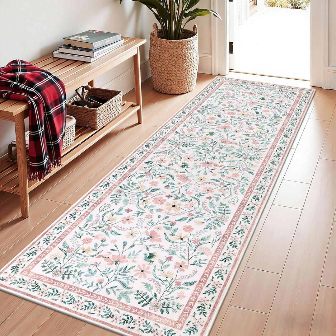 SHACOS Pink Floral Runner Rugs 2.6x8 for Hallways Kitchen, Non Slip Washable Boho Runner Rugs for Bedroom, Soft Floral Low-Pile Carpet for Nursery Laundry Bathroom, Pink