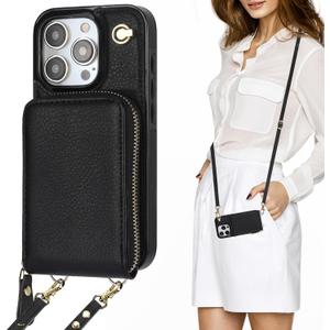 KIHUWEY Crossbody Wallet Case for iPhone 15 Pro, Zipper Pocket Case with Card Holder, PU Leather RFID Blocking Protective Cover Case with Kickstand Detachable Wrist Strap Lanyard 6.1" (Black)