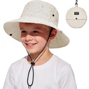 Waterproof Kids Swim & Sun Hat-Quick Dry Packable Travel Bucket Hat Adjustable, UV Protection Suit for Boys, Girls, Beige, 6-12T