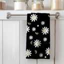 Daisy Floral Kitchen Towels, Modern Vintage Daisy Floral Dish Tea Towels for Kitchen Decor, Retro White Flowers and Leaves Hand Towels for Bathroom Decor, 16x24 Inch (Black)