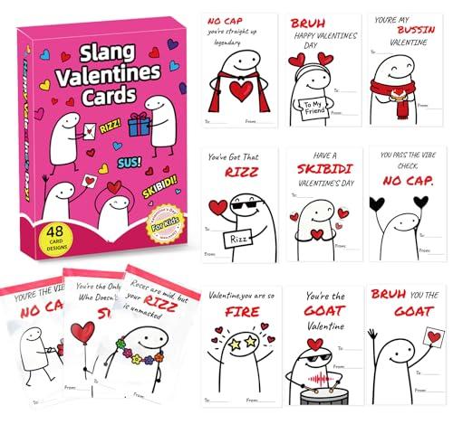 Jamuss Slang Valentines Day Cards for Kids, 48 Pack Valentine Cards for Kids Classroom School, Funny Slang Greeting Cards for Boys Girls Classroom Prizes Exchange Gifts