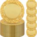 Uiifan 100 Pcs Antique Charger Plates Bulk 13'' Plastic Embossed Dinner Plate Chargers Round Floral Plates for Wedding Decorative Chargers for Table Dinner Kitchen Party Decoration (Gold)