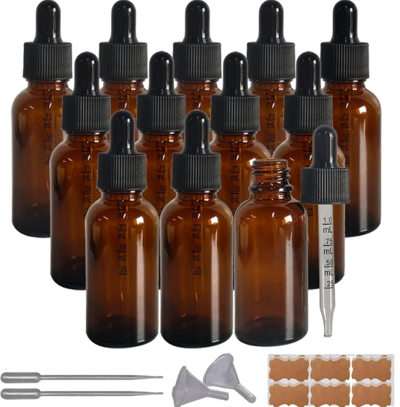 12 Pack, 1 oz Thick Dark Amber Glass Dropper Bottles with 1 Funnels & 4 Labels - 30ml Tincture Bottles with Eye Dropper - Leakproof Essential Oils Bottle - Storage and Travel for Beauty or Health