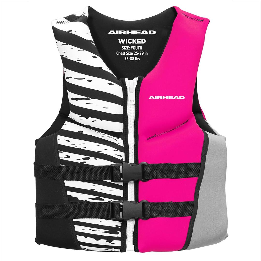 Airhead WICKED Kwik-Dry NeoLite Flex Life Jacket for Kids - USCG Approved Life Vest, Watersports Vest for Boating, Tubing & Swimming, 50 - 90 Lbs, Hot Pink, Youth