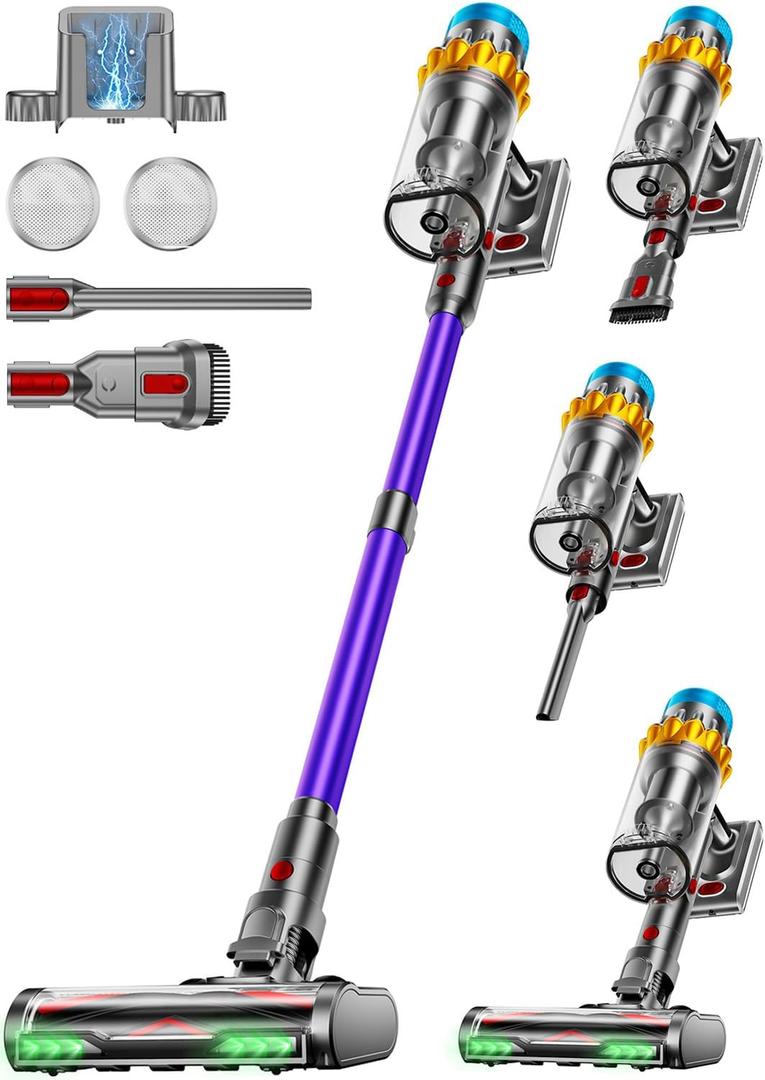 Cordless Vacuum Cleaner, 600W 50KPA 70Min Powerful Vacuum Cleaners for Home, Self-Standing Stick Vacuum Cordless Rechargeable/ Anti-Tangle/OLED Screen/1.8L Cup for Home Pet Hair/Carpet/Hardwood Floor (Purple)