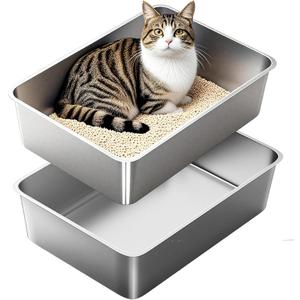 Stainless Steel Cat Litter Box, Medium Metal Litterbox, 2-Pack Stainless Steel Litter Tray Pan for Medium Cats, 19.7" Lx13.8 W x5.9 H, No Odour Absorption,Easy to Clean, Rustproof, Leakproof