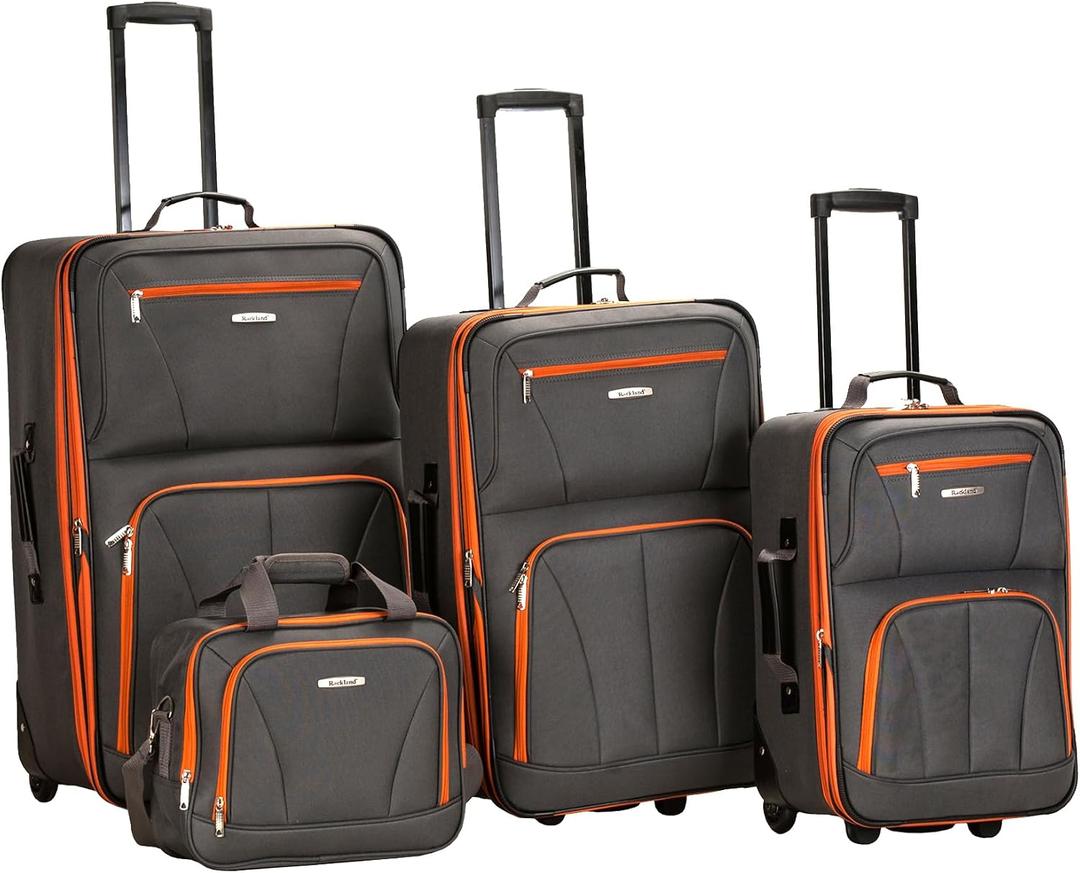 Rockland Fashion Softside 4 Piece Luggage Set, Expandable, (14" Tote/19"/24"/28"), Charcoal