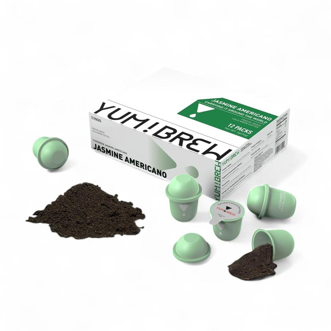 Yum!Brew Instant Jasmine Americano Coffee  Freeze-Dried Yunnan Arabica | 12 Servings | Floral & Smooth | Hot or Cold Brew | No Sugar | Low Calorie | Mini Travel Pods (EXP 11/17/24)
