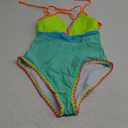 popvil Green Color Block One Piece Bathing Suit for Women V Neck Swimsuit Plunge Shell Trim Swimwear Tie Back Medium