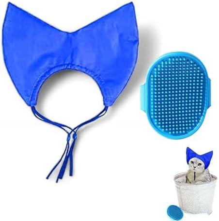 Cat Shower Cap and Bath Brush set, Cat Ear Cover and Grooming Bathing Brush for Cats Puppy Small Dogs, Cat Ear Protection Stuff, Small Dog Cat Bathing Supplies, Pet Accessories (Blue)