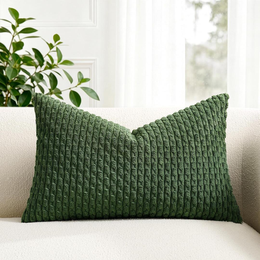 Kevin Textile Spring 14x22 Inch Pillow Cover 1 Pack Boho Decorative Soft Striped Corduroy Lumbar Farmhouse Solid Color Accent Rectangle Cushion Case for Living Room Couch Sofa Bed, Moss Green