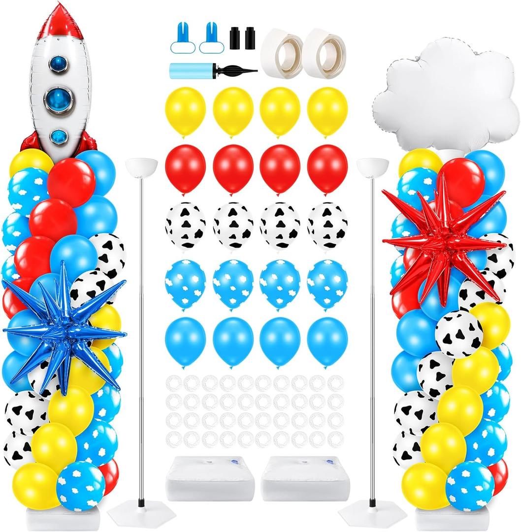 Kasyat 2 Sets Cartoon Party Balloon Column Stand Kit with Rocket Cloud Star Foil Cow Print Sky Blue Cloud Balloons Colorful Toy Arch Kit for Floor for Baby Shower Cartoon Party Decorations (Red Blue Green)