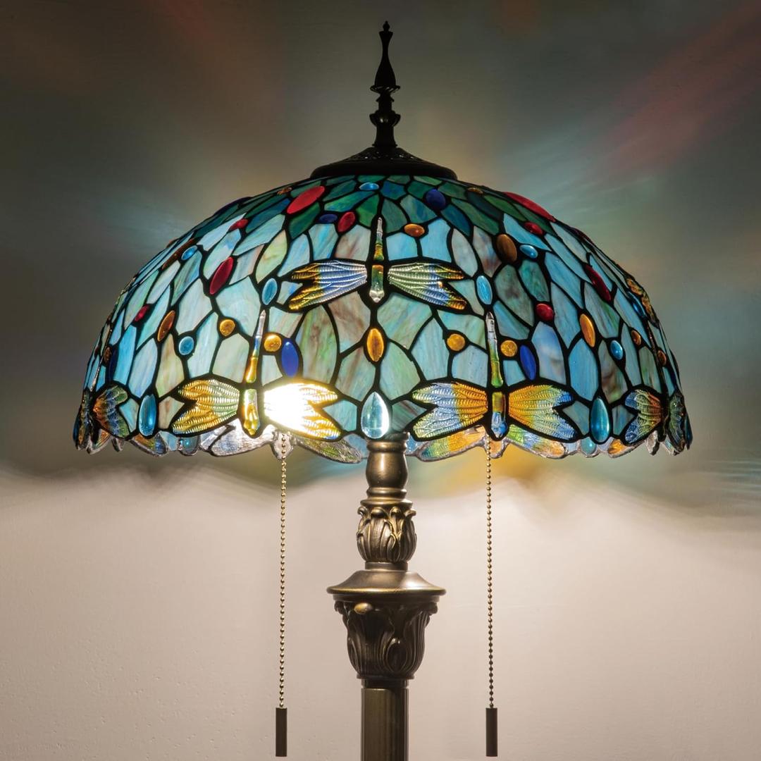 Tiffany Style Floor Lamp, 16" Stained Glass Dragonfly Shade with Antique Bronze Base, 2-Light E26 Pull Chain Standing Reading Light for Living Room, Bedroom, UL Listed, 16x16x64 Inches (Sea Blue Dragonfly)