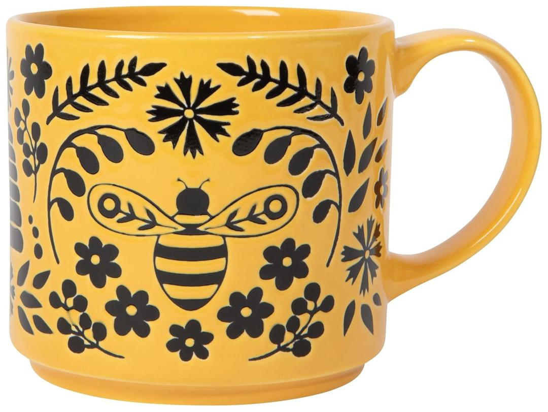 Now Designs Bee Garden Stacking Mug, 16 oz Stoneware, Folk Art-Inspired Design, Dishwasher & Microwave Safe