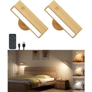 DetarZinLED Wall Sconces Rechargeable Wall Lights with 360 Rotation, Dimmable Battery Operated Wall Sconce, Magnetic Wall Light for Bedroom, Wireless Wall Mount Light (Beech Wood, 2Pack-Remote Control)