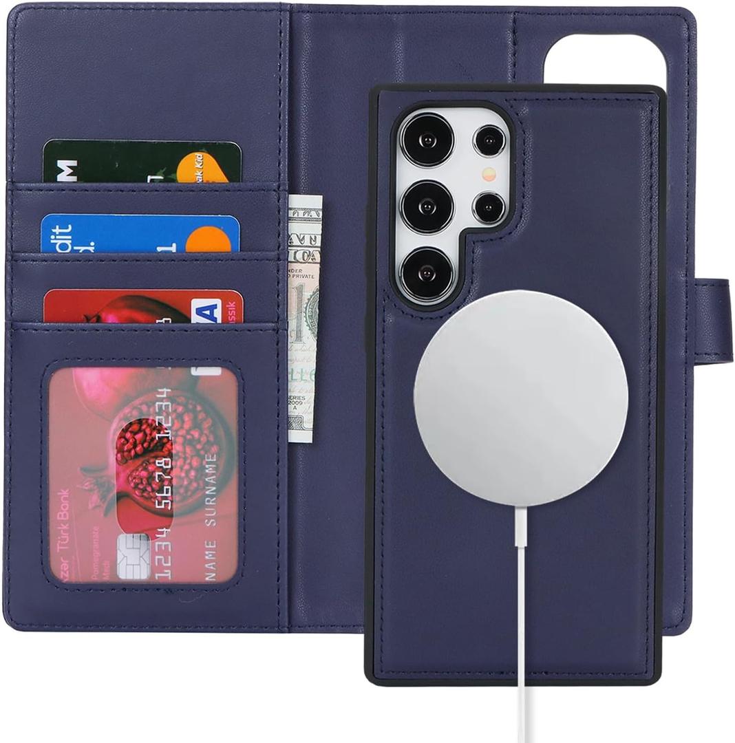 for Samsung Galaxy S24 Ultra Case with Detachable Magnetic Wallet - 2-in-1 Flip Folio Stand Cover, Card Holder & Wireless Charging Compatible - Blue
