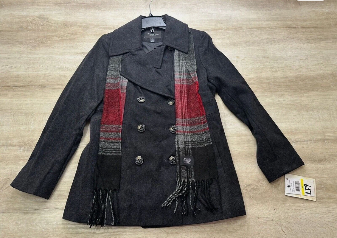 NWT London Fog Womens Pea Coat Black M with Scarf Wool Double Breasted Buttons