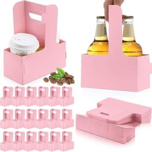 Kosiz 60 Pcs 2 Cup Drink Carrier with Handle 6.9 x 3.2 x 8.9 Inch Coffee Holder Paperboard Drink Carrier for Hot and Cold Beverage Takeout Cafe and Restaurant Wedding Food Delivery(Pink)