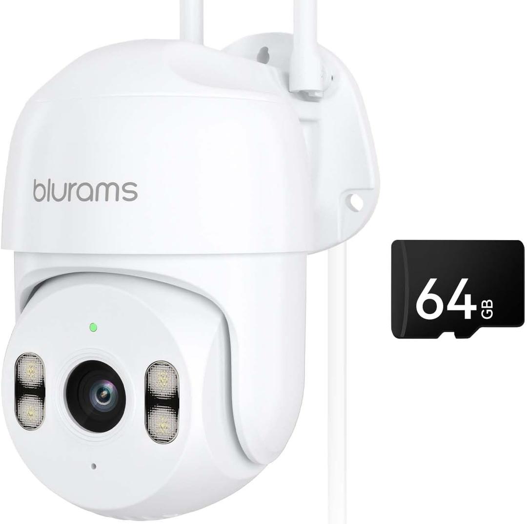 blurams 2K Security Camera Outdoor, 360 PTZ Outside Cameras for Home Security, Color Night Vision, Motion Tracking, Two-Way Audio, IP66, 2.4GHz Camera with 64GB SD Card, Compatible with Alexa