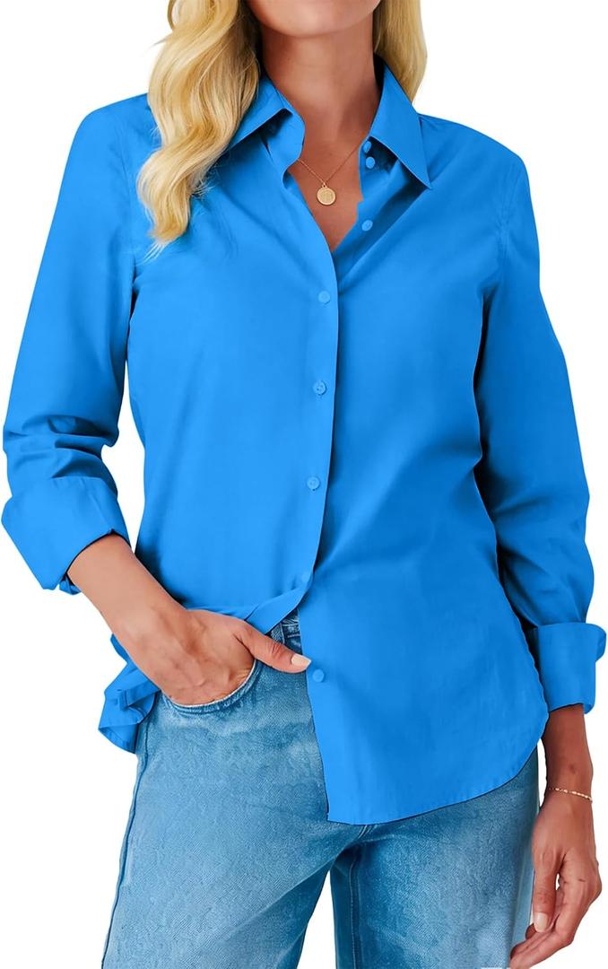 Button Down Shirts for Women Dress Shirt Long Sleeve Wrinkle Free Collared Blouse Work Business Office Solid Tops (Blue, L)