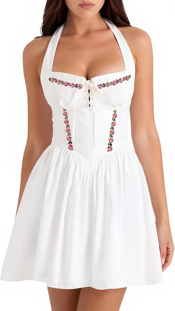 Auraxe Summer Halter Corset Graduation Short Dress Casual Cute A Line Bow Sundress Lace Up Party Mini Dresses for Women 2026 (White, M)