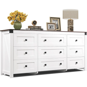 WLIVE Farmhouse Dresser for Bedroom, 63" Wide 9 Drawer Dresser Storage Organizer, Wood Chest of Drawers for Bedroom, TV Stand for 70 inch TV, for Living Room, Hallway, Ball Bearing Slide (White)