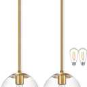 Bagood 10" Globe Pendant Light Gold 2 Pack Mid Century Pendant Light Globe Pendant Lights Kitchen Island Brushed Brass Finished with Clear Glass Adjustable Ceiling Light Fixtures for Dining Room Bar