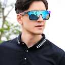 FEISEDY Polarized Sunglasses for Men, Oversized Square Flat Mirrored Z87 Lens, Fishing Driving Golf Outdoors Coastal B2990
