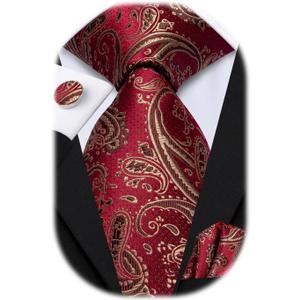 Hi-Tie Paisley Floral Ties Set for Men Silk Mens Stripes Necktie Pocket Square Cufflinks Set Formal Business (Gold Red)