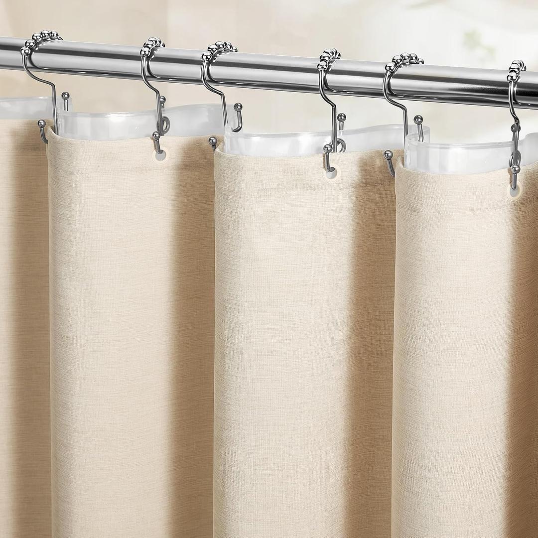 72x84 Tall 3 in 1 Linen Texture Shower Curtain with Liner, Cream/Beige | Long Size, 230GSM Heavy Duty Polyester, Waterproof Clear Liner, Weighted Hem, 12 Plastic Hooks, Hotel Style, Machine Washable