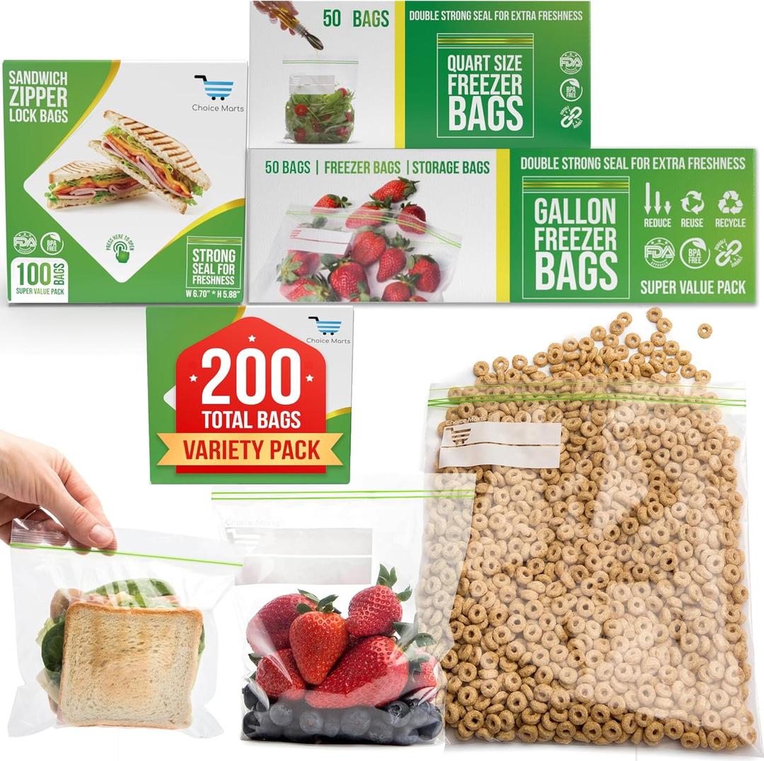 Baggies Variety Size Pack - 200 Count Variety Pack with 50 Gallon 50 Quart 100 Sandwich  Heavy Duty freezer bags
