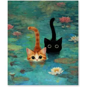 RLTXBUK Whimsical Black Orange Cat Diamond Art Kits, Monet Inspired Water Lilies Kitten Gem Diamond Painting Art Kits for Adults Beginners, Cat Mom Lovers Lady Gifts for Women 9.8x11.8 Inch